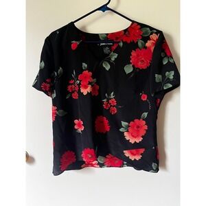 Jamie Brooke Womens Black Red Floral Rose Print V-Neck Short Sleeve Blouse 14